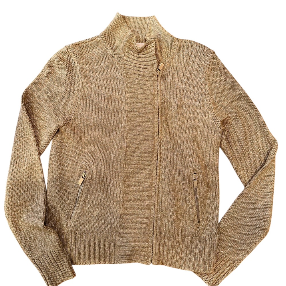 Michael Kors Gold Shimmer Zip-Up Sweater Jacket Size M Asymmetrical Zip